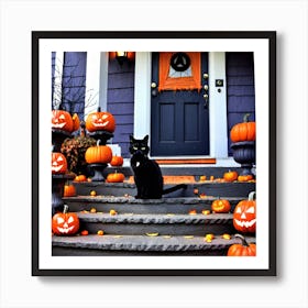 Halloween Cat On Steps 1 Art Print