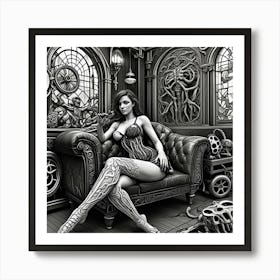 Steampunk Risqué Lady Monochrome Cubism Style Art Print