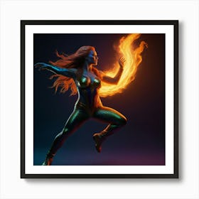 A Phoenix-style female mermaid suspended in space with her hands coming forward casting a spell with a dynamic and expressive hand pose, her face is serious, her long braided fire-red hair reflects psychedelic rainbow flames and her eyes are glowing neon orange with energy smoke coming from the sides, her bodysuit and boots are full gold chrome with her body in a defensive dynamic flying pose, psychedelic black light colors, hyper-realistic, Full body shot zoomed out xcxc Art Print