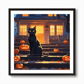 Halloween Cat In Front Of House 4 Art Print