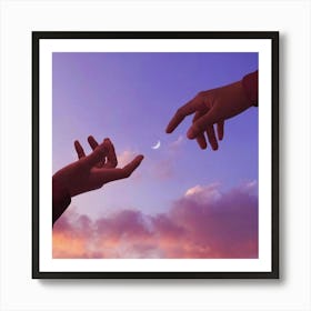 Two Hands Reaching For The Moon Art Print