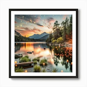 Lake With Lights At Sunset Art Print