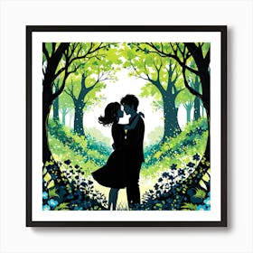 Kiss In The Woods, Silhouettes Of Two People Hugging Surrounded By Elements Of Nature Flowers Trees Growing Art Print