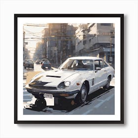 White Car On The Street 1 Art Print