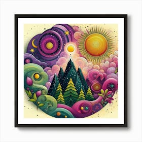 Mountain With Spiral Moon Sun Bottlebrush Tree 3 Art Print