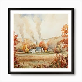 Autumnal Landscape Featuring Falling Leaves Watercolor Painting Soft Toned Florals Cottages With (6) Art Print