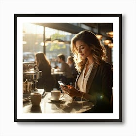 Modern Woman Engages With A Sleek Smartphone At A Bustling Coffee Shop Surrounded By The Hazy Glow (2) Art Print