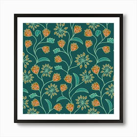 TANGLED Boho Floral Botanical Vines in Cottage Garden Brown Pink Chartreuse on Dark Teal Art Print