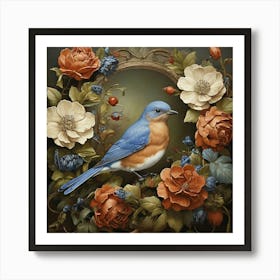 Bluebird With Roses Art Print