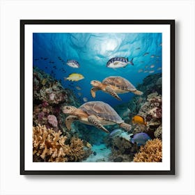 Turtles And Fishes Art Print