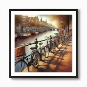 Bicycles Lined Up Along An Amsterdam Bridge In A Charming Digital Illustration, Style Digital Painting Art Print