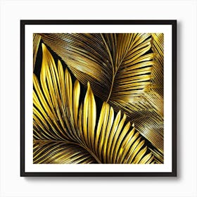 Gold Palm Leaves On Black Background Art Print