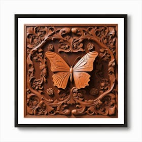 Carved Wood Decorative Panel with Butterfly III Art Print