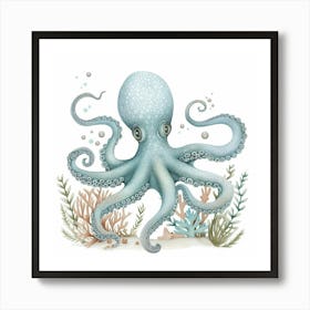 Storybook Style Octopus With Ocean Plants 4 Art Print