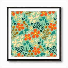 PROFUSION Bright Retro Tropical Floral Botanical in Orange Teal Cream Yellow on Mint Green Art Print