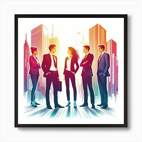 A group of business professionals in suits and formal attire stand in a vibrant cityscape with skyscrapers reaching towards the sky. The individuals are engaged in conversation, symbolizing collaboration and teamwork in the bustling urban environment. The scene is bathed in a warm and dynamic color palette, capturing the energy and ambition of the business world. The artwork showcases a diverse group of professionals, representing inclusivity and equality in the workplace. The composition is modern and stylish, reflecting the forward-thinking and innovative spirit of the business professionals depicted. The overall effect is one of inspiration and motivation, encouraging viewers to pursue their own professional aspirations and achieve success in their chosen field. Art Print