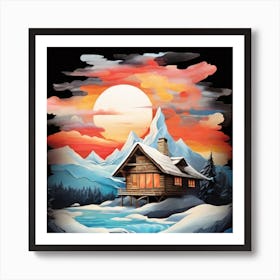 Abstract painting snow mountain and wooden hut Art Print