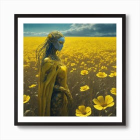 Yellow Flowers In Field With Blue Sky Sf Intricate Artwork Masterpiece Ominous Matte Painting Mo (5) Art Print