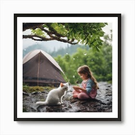 Little Girl With Cat In The Rain Art Print