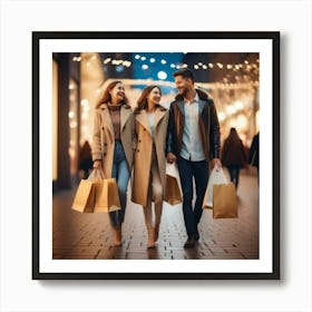 Photo Happy Couple With Shopping Bags Enjoying Night At City 3 Art Print