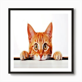 Orange Tabby Cat,A playful cat peeking from behind a white surface Art Print