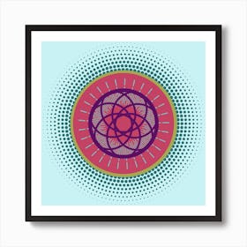 Mid-Century Modern Boho Abstract Celestial Mandala, Geometric in Aqua, Rose, and Teal Art Print