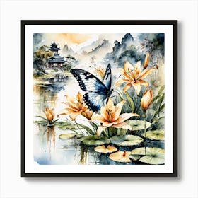 Watercolour Butterflies over Lilly Pond V Art Print