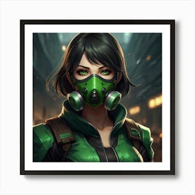 masterpiece, best quality, (Anime:1.4), black-haired girl, green eyes, small respirator mask, toxic environment, black leather outfit, epic portraiture, 2D game art, League of Legends style character 1 Art Print