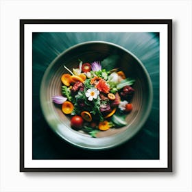 A close-up shot of a salad with colorful flowers and vegetables. Art Print