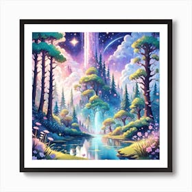 A Fantasy Forest With Twinkling Stars In Pastel Tone Square Composition 261 Art Print