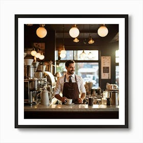 Cafe Interior Early Morning Barista Clad In A Crisp Apron With Visible Badges Of Skill Steam Waft 2 1 Art Print