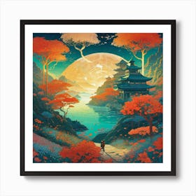 Moonlit orange trees Art Print