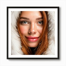 Firefly Macro Portrait Of Freckled Woman In Snowy Fur Jacket 16720 Art Print