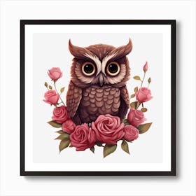 Owl With Roses 14 Art Print