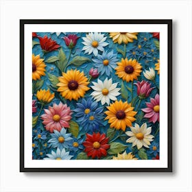 Flowers On A Blue Background 11 Art Print