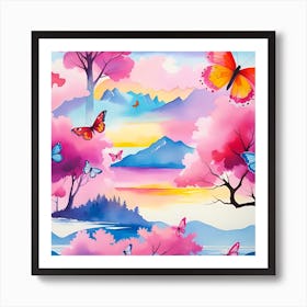 Pink Butterflies In The Sky Art Print