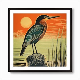 Retro Bird Lithograph Green Heron 1 Art Print