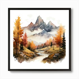 Watercolor Of Mountains In Autumn Art Print