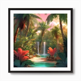 Tropical Jungle With Waterfall Art Print