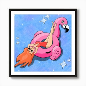 Summer pool party swimming girl decoration - Pink Flamingo Art Print