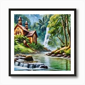 Cottage by the stream Art Print