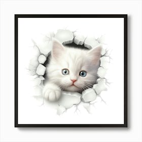 White Kitten Peeking Through A Hole Art Print