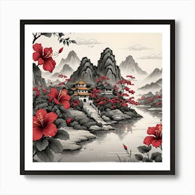 Chinese Landscape With Hibiscus, Black And Red Art Print