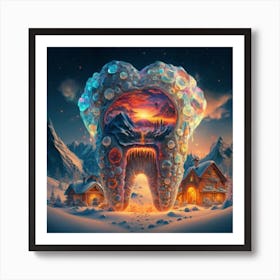 , a house in the shape of giant teeth made of crystal with neon lights and various flowers 6 Art Print