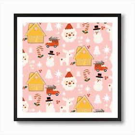 Holiday Christmas Santa Workshop Minimal Retro Pink Art Print