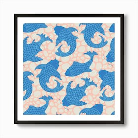 KOI Japanese Swimming Fish in Pebble Zen Pond in Blue White Blush Orange Art Print