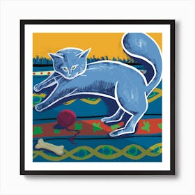 Blue Cat Playing With Yarn Art Print