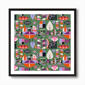 Colourful Folk Party Square Art Print