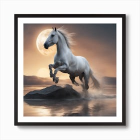 White Horse Running In The Water Art Print