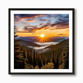 The Sun Ascends Over A Serene Mountain Landscape Its Golden Fingers Reaching Into The Valleys Art Print